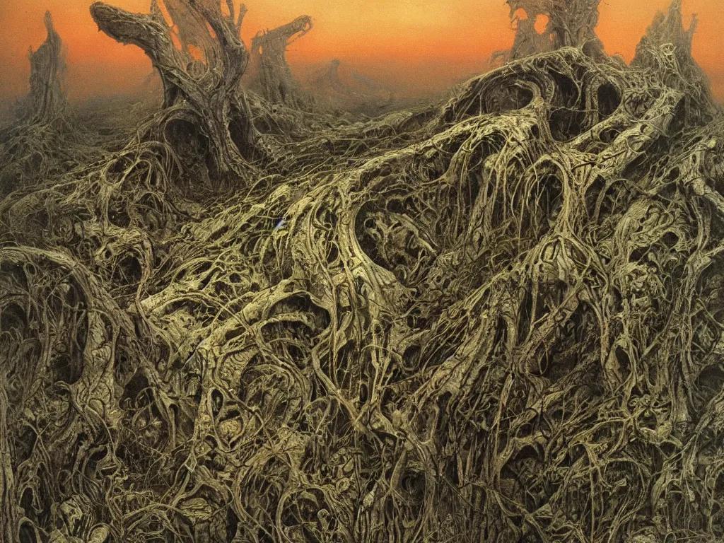 Image similar to landscape by H.R. Giger, Zdzislaw Beksinski, Todd McFarlane