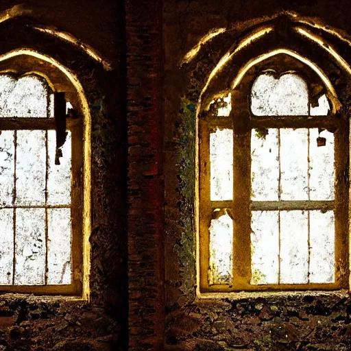 Prompt: glowing window inside a dilapidated church