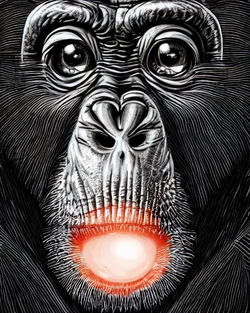 Image similar to very detailed high resolution illustration of a chimpanzee, backlit, stars, night, surrounded, 3 d, 8 k, extremely detailed, artstation, award winning