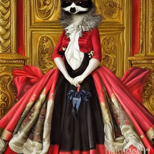 Image similar to a majestic oil painting of a raccoon queen wearing red french royal gown. the painting is hanging on an ornate wall decorated with wallpaper.
