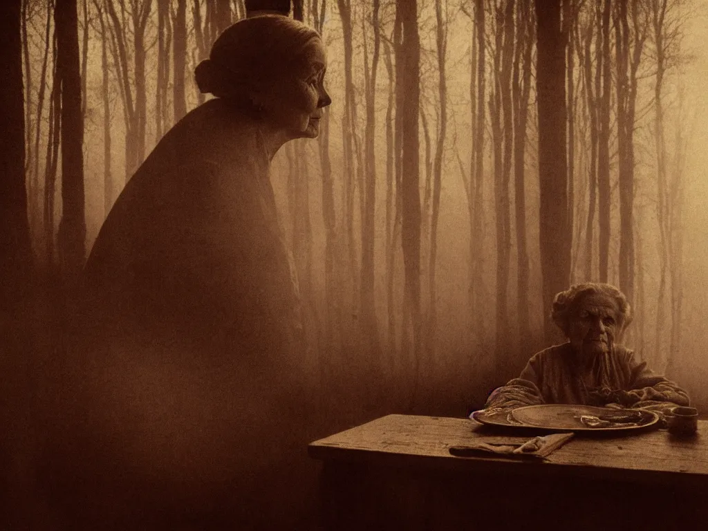 Image similar to portrait bust of old woman sitting at table, hands in pockets, looking outside, tired expression, faded color film, russian cinema, tarkovsky, technicolor, inside old cabin, next to window, heavy forest outside, long brown hair, old clothing, heavy fog, brown color palette, sunset, low light, hudson river school, 4 k, dramatic lighting