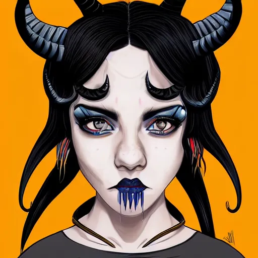 Image similar to illustrated portrait of ram-horned devil woman with blue bob hairstyle and hex #FFA500 colored skin tone and with solid black eyes and black sclera wearing leather by rossdraws