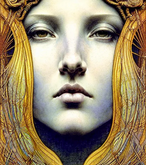 Image similar to detailed realistic beautiful young medieval queen of jupiter face portrait by jean delville, gustave dore and marco mazzoni, art nouveau, symbolist, visionary, gothic, pre - raphaelite. horizontal symmetry by zdzisław beksinski, iris van herpen, raymond swanland and alphonse mucha. highly detailed, hyper - real, beautiful