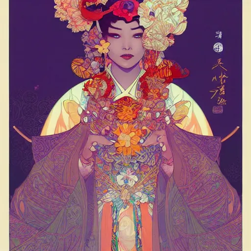 Image similar to asian princess portrait, with a flower kimono, stylized illustration by peter mohrbacher, moebius, mucha, victo ngai, colorful comic style