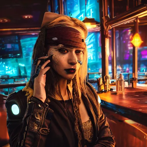 Image similar to a high quality portrait of a beautiful pirate in a cyberpunk cyberpunk cyberpunk cafe, realism, 8k, award winning photo