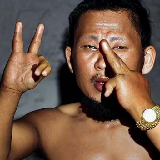 Prompt: gang sign from'javanese gangster rapper reastically