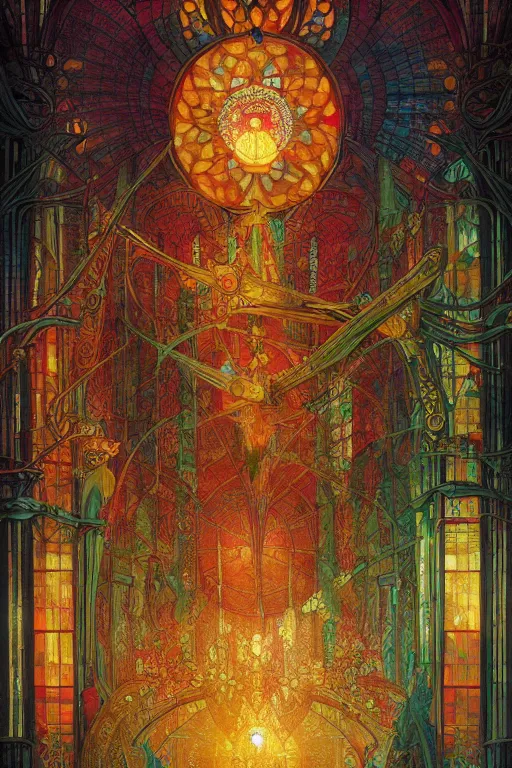 Prompt: city made out of stained fractured glass, art nouveau, bright colors, intricate, highly detailed, elegant, sun shining through, sharp focus, art by rembrandt, tom bagshaw, and quentin mabille, artstation