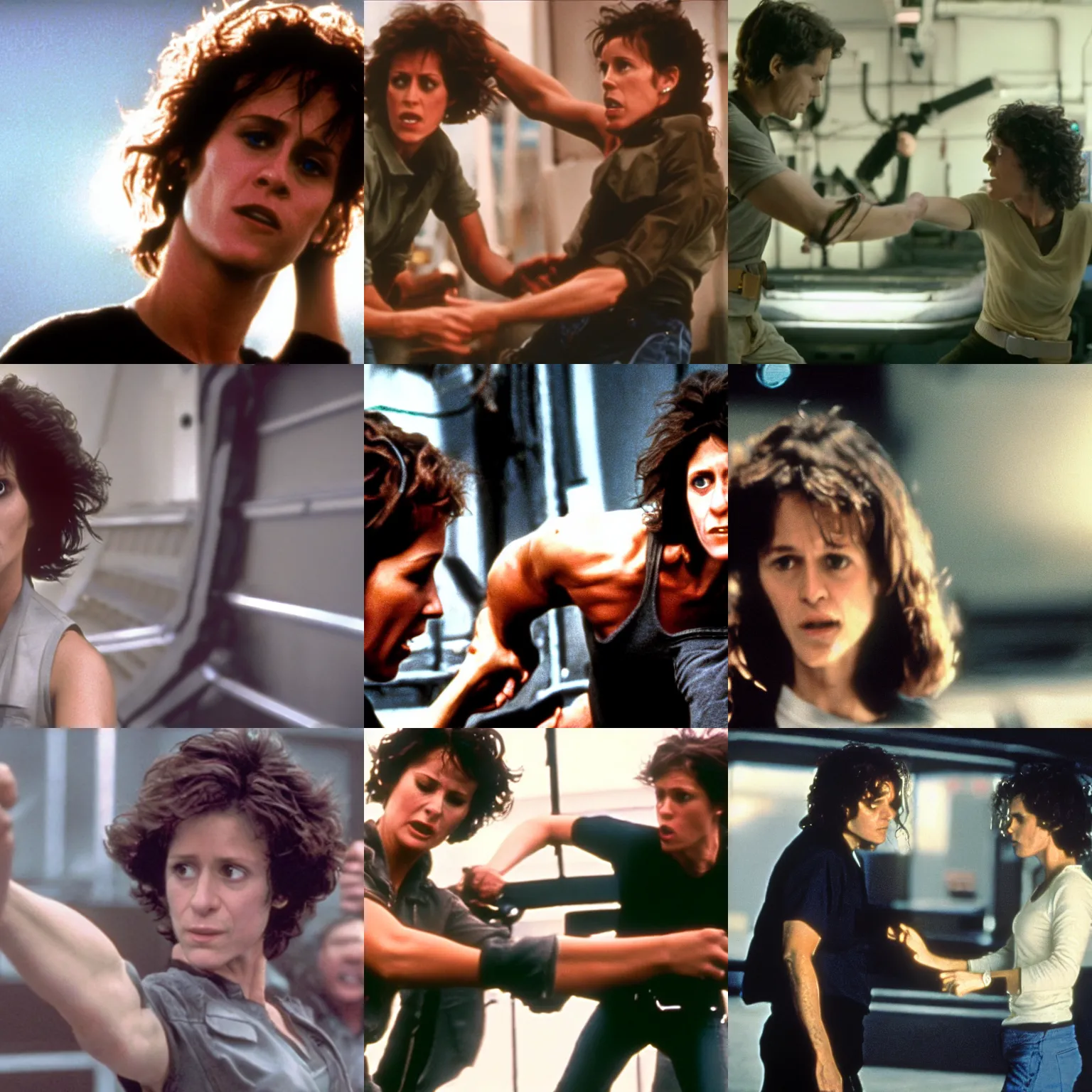 Prompt: frame from a film of ellen ripley fighting sitch