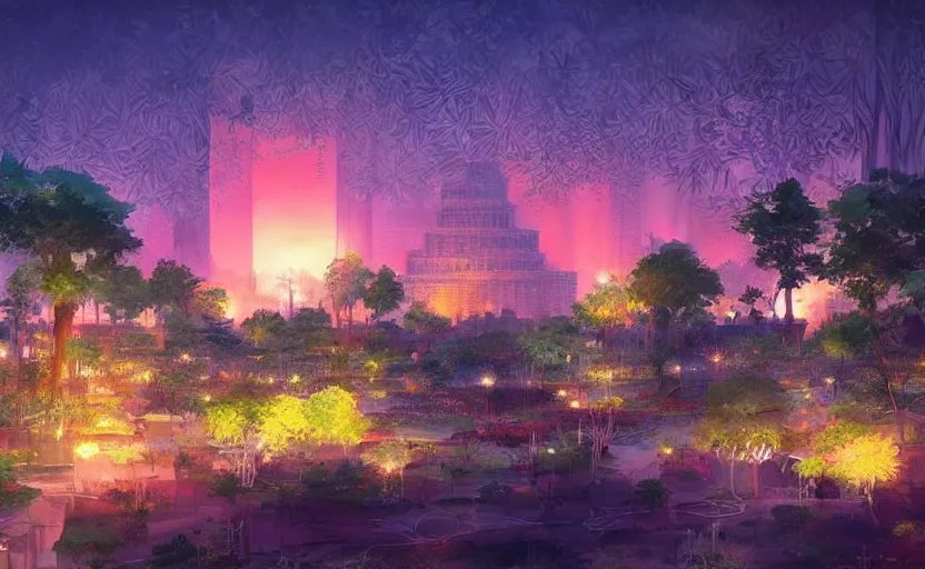 Image similar to beautiful landscape artwork of the gardens of babylon at night, ambient lights, masterpiece by Makoto Shinkai