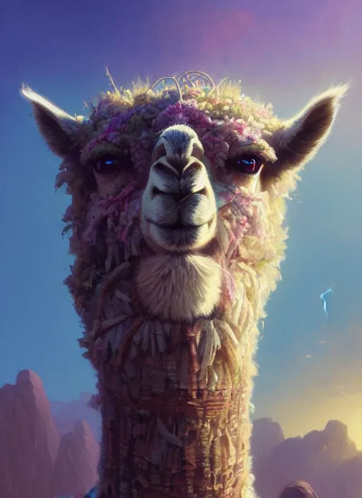 Image similar to Highly detailed portrait of Llama, Stephen Bliss, unreal engine, fantasy art by Greg Rutkowski, Loish, Rhads, ferdinand knab, Makoto Shinkai and Lois van baarle, ilya kuvshinov, rossdraws, Tom Bagshaw, alphonse mucha, global illumination, radiant light, detailed and intricate environment