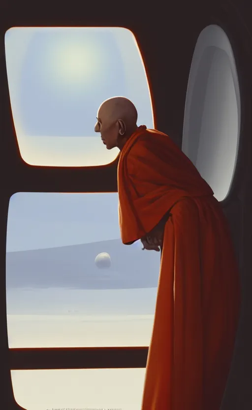 Prompt: portrait of a blind monk in a spaceship, looking out the window at a planet, orange robe, dramatic lighting, artstation, matte painting, ralph mcquarrie