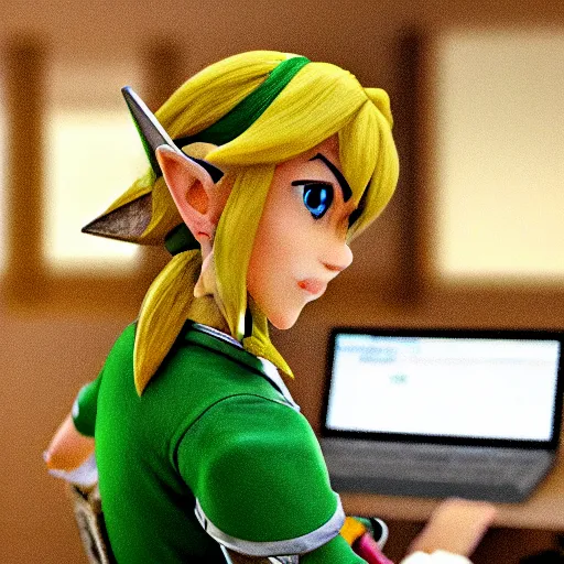 Image similar to Link from Zelda, sitting at a desk programming on a computer, close-up shot, cozy, elegant, realistic character concept, indoor lighting, hyperdetailed, high resolution, insanely detailed and intricate, Yusuke Nakano