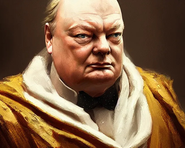 Prompt: a portrait of wiston churchill in the style of a ancient roman empire senator wearing a toga, art by greg rutkowski and artgerma, stunning! concept art, character design