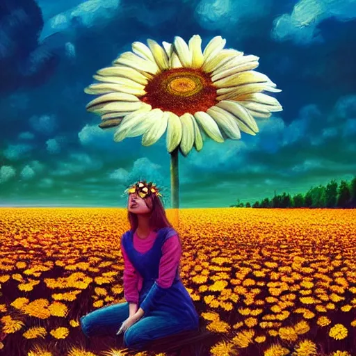 Image similar to giant daisy flower as head, girl sitting in a flower field, surreal photography, sunrise, dramatic light, impressionist painting, colorful clouds, digital painting, artstation, simon stalenhag