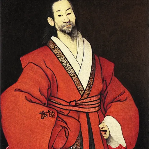 Prompt: a portrait of a brown rat in red japanese kimono in the style of Rembrandt