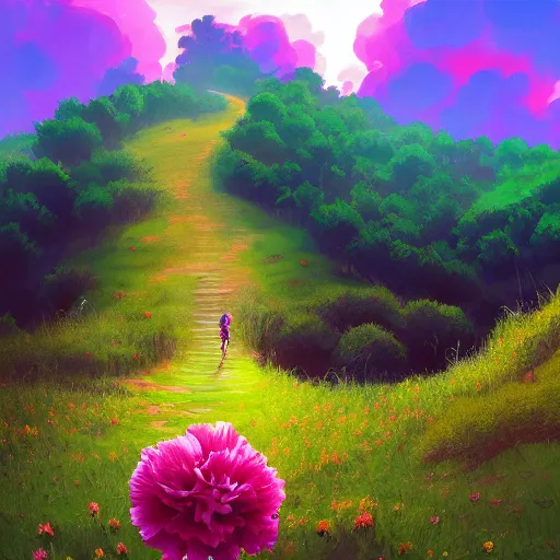 Image similar to giant carnation flower as a head, girl hiking in a lush valley, surreal photography, sunrise, dramatic light, impressionist painting, colorful clouds, digital painting, artstation, simon stalenhag