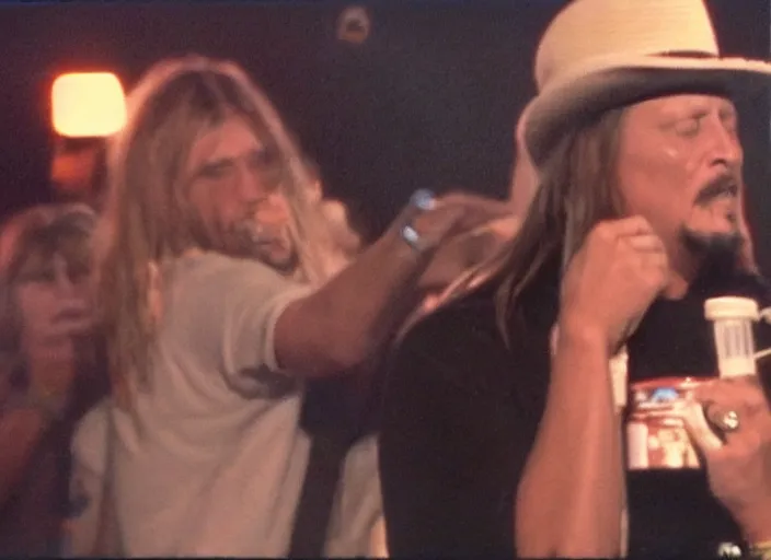 Image similar to polaroid movie still of kid rock crying during a concert in woketown