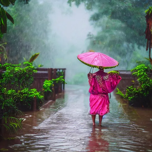 Image similar to monsoon on tropical island, oriental woman, ornate, beautiful, atmosphere, vibe, mist, coconuts, rain, wet, pristine, puddles, melting, dripping, snow, creek, lush, ice, bridge, forest, roses, flowers, by francis bacon