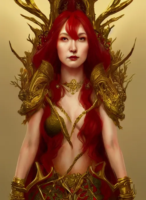 Prompt: Half-body portrait of a red-haired beautiful elven queen in red, gold and green dress sitting on a throne. In style of Hyung-tae Kim and Greg Rutkowski, concept art, trending on ArtStation, Korean MMORPG, over-detailed art, 4K, epic, dynamic lightning, dramatic pose.