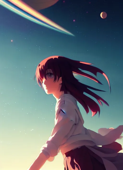 Image similar to anime girl flying in the sky against the backdrop of dawn, saturn in the background, illustration, concept art, anime, key visual, trending pixiv fanbox by wlop and greg rutkowski and makoto shinkai and studio ghibli