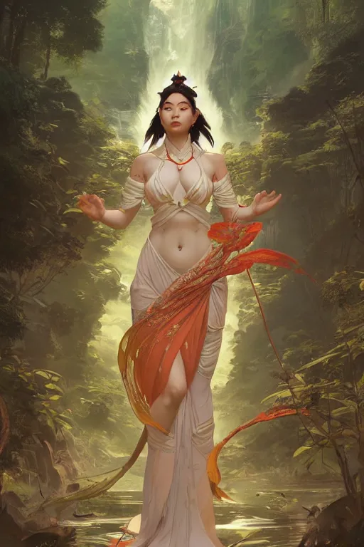 Image similar to asian goddess of nature, accurate anatomy, only two hands, highly detailed, digital painting, artstation, concept art, smooth, sharp focus, illustration, Unreal Engine 5, 8K, art by Ross Tran and greg rutkowski and alphonse Mucha