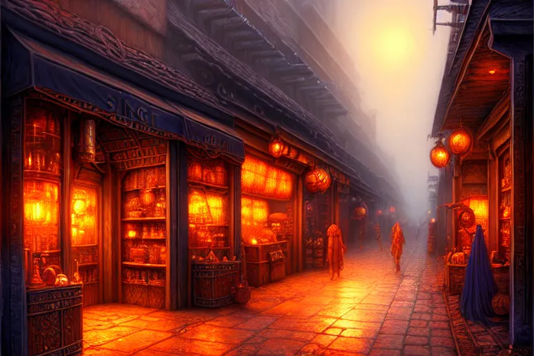 Image similar to a highly detailed bazaar street in the planescape city of sigil, amazing planescape digital painting, by gerald brom, brom digital art, intricate details, ultra realistic, beautiful art, volumetric lighting, warm colors advance cool colors recede, by brom, trending cgsociety, artstation, rim lighting, 8 k