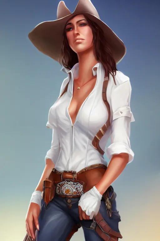 Image similar to full body, female cowgirl, perfect face, white blouse, holster, 8 k, magic the gathering, desert, d & d, artstation, high detail, smooth, sweaty