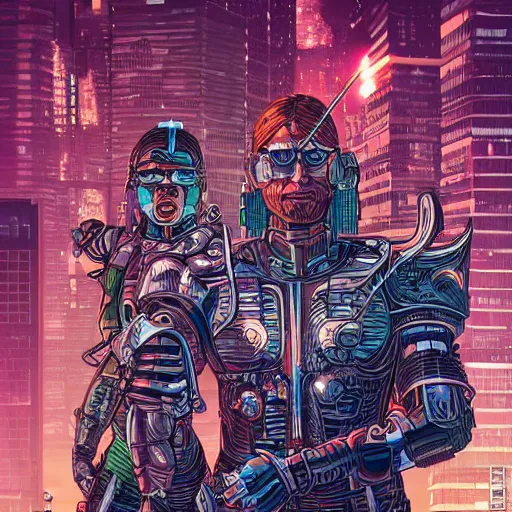 Image similar to portrait of cyborg vikings in a futuristic city by Dan Mumford and Sandra Chevrier, 4k, ultra realistic, artstation trending