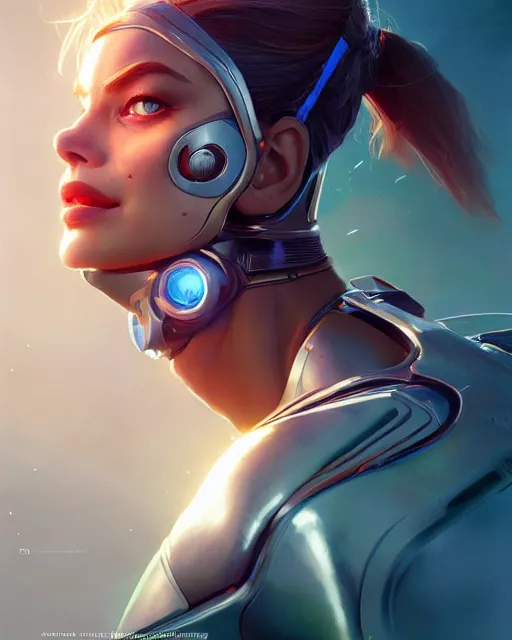 Image similar to weta disney pixar movie still portrait photo of margot robbie as cyborg woman by pixar, by weta, wlop, ilya kuvshinov, rossdraws, artgerm, maxim cover, latex, sweaty, iridescent, bright morning, anime, liosh, mucha