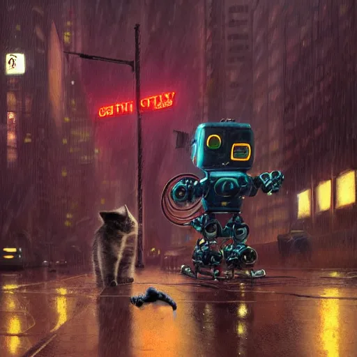 Image similar to a gritty, realistic painting of a broad-shouldered, heavy construction robot reaching down to pet a kitten, in a dark, wet cyberpunk city, by Simon Stålenhag and James Gurney