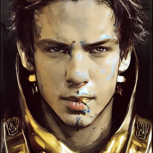 Image similar to cinematic portrait of a young white hero using his right arm to hold his sword covering his eye by yoji shinkawa, high quality, extra details, realism, ornate, colored, golden chain, blood, white skin, short hair, brown eyes, vivid, sunlight, dynamic, american man, freedom, white american soldier, painting, cybernetics, military