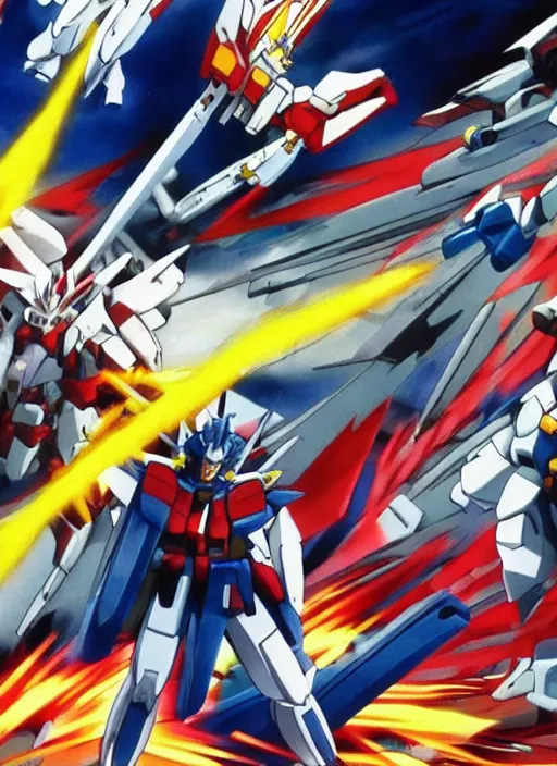 Prompt: Tremendous battle scenes. The mighty God and Gundam. Gundam challenged God to a battle.