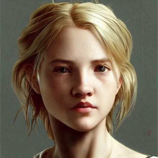 Image similar to Blonde Ellie from TLOU, highly detailed, digital painting, artstation, concept art, smooth, sharp focus, illustration, ArtStation, art by artgerm and greg rutkowski and alphonse mucha and J. C. Leyendecker and Edmund Blair Leighton and Katsuhiro Otomo and Geof Darrow and Phil hale and Ashley wood and Ilya repin and Charlie Bowater