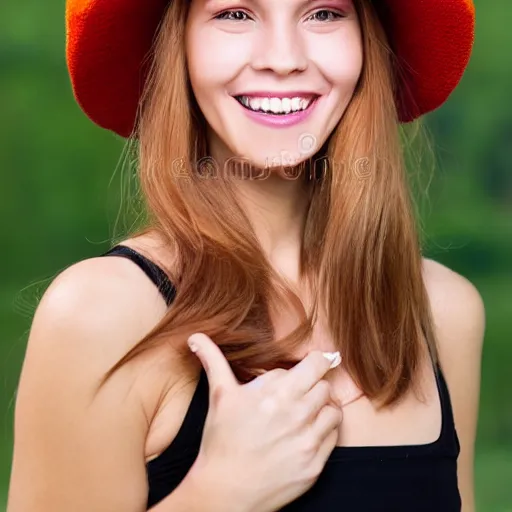 Prompt: portrait tres jolie d'une souriante femme 2 5 ans ongle 9 0 degree, cheveux moyen jaune blonde caractere avec un chapeau orange, cheveaux sorte un peu du chapeau, la femme mets sa main sur le chapeau pour essayer de le retenir.
