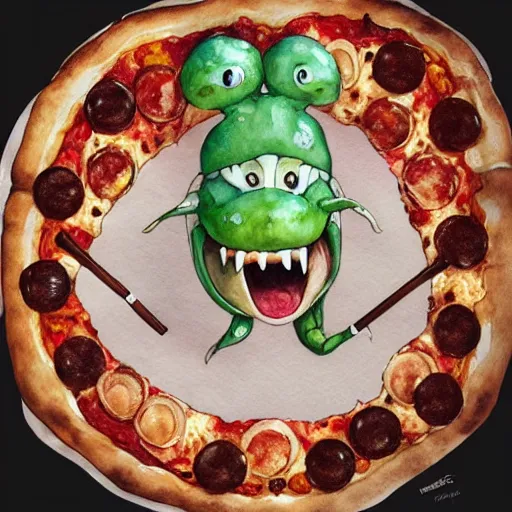 Image similar to a cute pizza monster, basic white background, symmetrical, watercolor, intricate line drawings, by Yoshitaka Amano, Ruan Jia, Kentaro Miura, Artgerm, detailed, trending on artstation, hd, masterpiece,