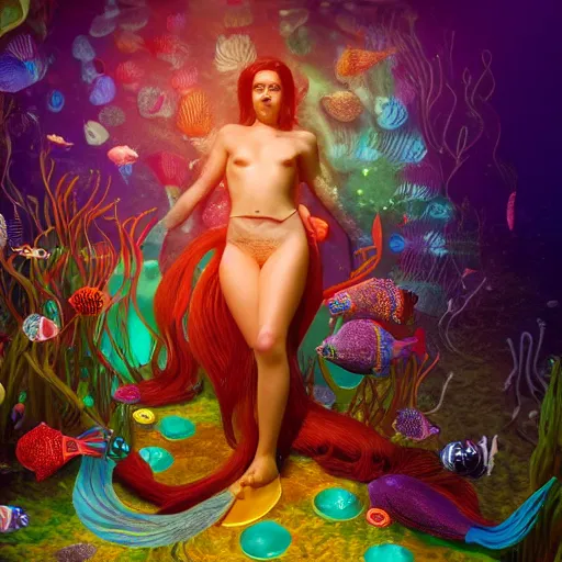 Image similar to a beautiful full body portrait of a swimming mermaid, half woman half betta fish, surrounded by colorful jellyfishes by James C Christensen, underwater, cinematic lighting, 4K, octane render, deviantart, wide angle