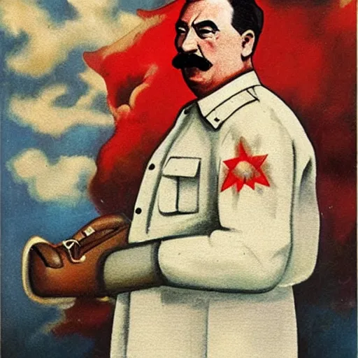 Image similar to stalin, in latex dress, in heaven, love art style