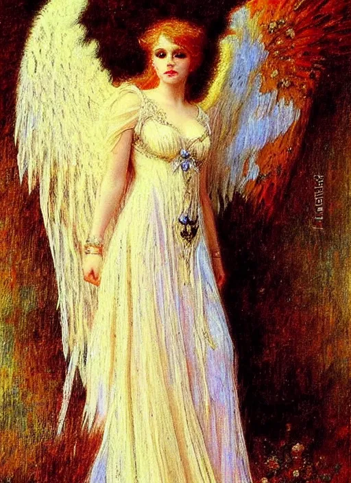 Image similar to vertical prtrait of an angel knight gothic girl, baroque dress. by gaston bussiere