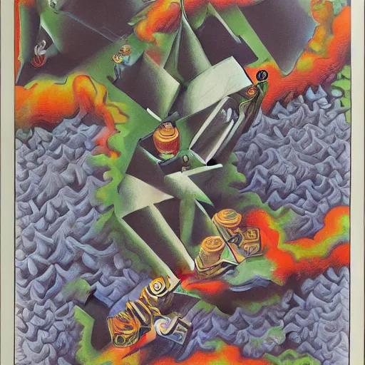 Image similar to Original M.C. Escher lithograph of the immorality of war, accurate details, hyperrealistic, extremely detailed, in the style of Lisa Frank