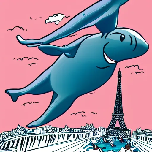 Prompt: free willy jumping over the Eiffel tower. Illustration, dystopian style, inked and colored.