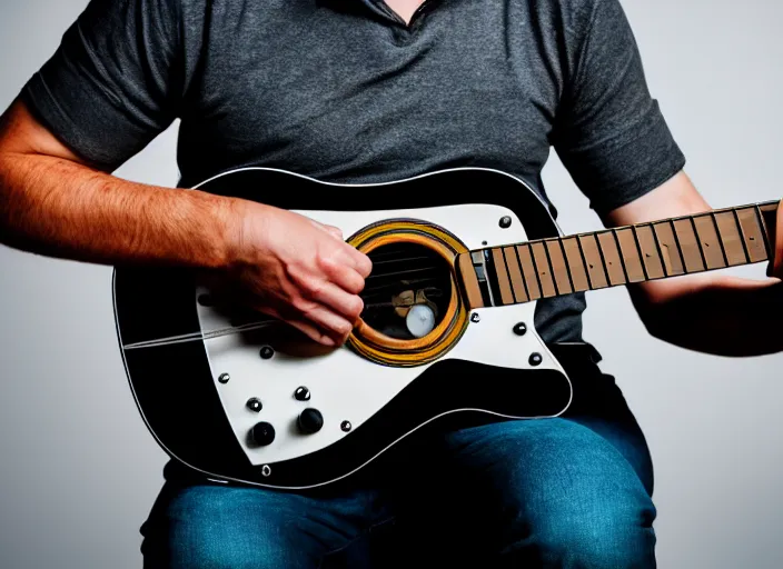 Image similar to photo still of an anthropomorphic westie!!!!!!! shredding a guitar on stage, 8 k, 8 5 mm f 1. 8, studio lighting, rim light, right side key light