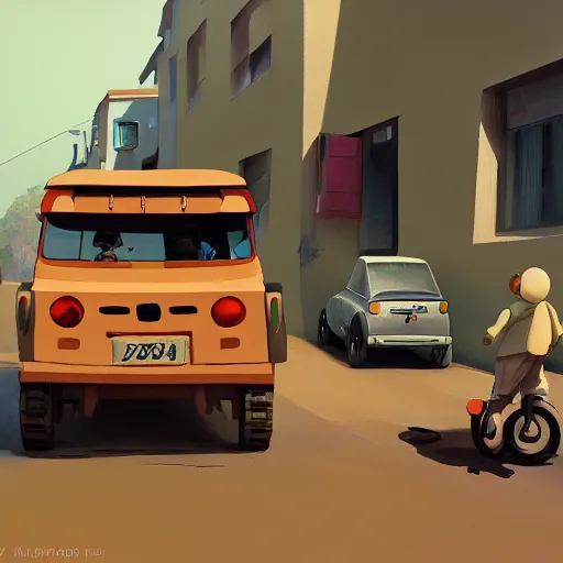 Image similar to goro fujita ilustration off - road car with luggage on a street in a town, painting by goro fujita, sharp focus, highly detailed, artstation