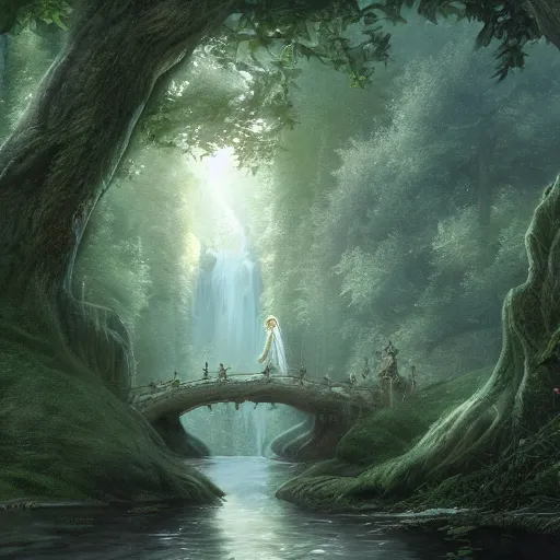 Image similar to A portrait of galadriel's glade, detailed matte painting, cinematic, Alan Lee, Artstation