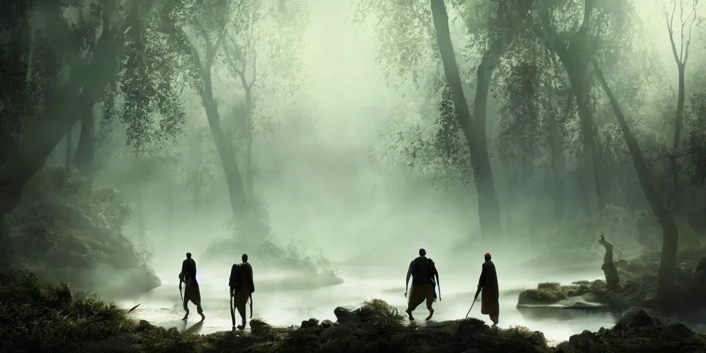 Prompt: muslim adventurers walking along the river bank in a forest, an epic fantasy, dramatic lighting, cinematic, extremely high detail, photorealistic, cinematic lighting, artstation, by Christopher Nolan, 50mm lens, shadow of the tomb rider