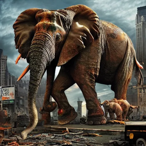 Prompt: giant zombie elephants destroying a city