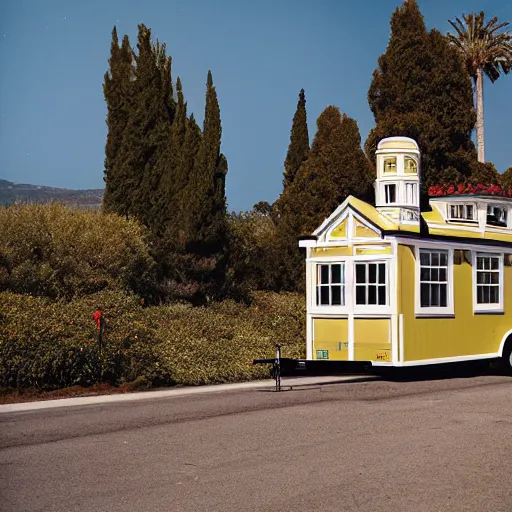 Prompt: Hearst Castle as a tiny home, able to be transported on a trailer. Photographed with Leica Summilux-M 24 mm lens, ISO 100, f/8, Portra 400