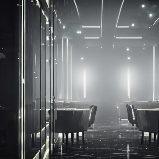 Image similar to modern high end designer restaurant at night in the foggy rain, symmetrical art deco office building with accent lighting, moody, epic composition, professional photograph, highly detailed, warm lighting interior, matte painting, large windows, dramatic lighting, unreal engine