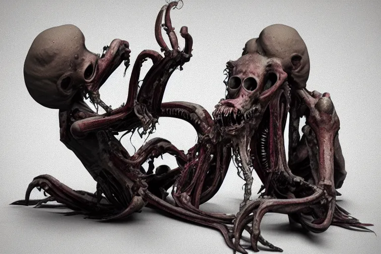 Prompt: a squid monster eating a person, john carpenter body horror, eighties practical horror special effects, cosmic horror, body horror, protruding bones, trending on zbrush central, neoplasticism, lovecraftian, zbrush, biomorphic, midjourney, nightcafe