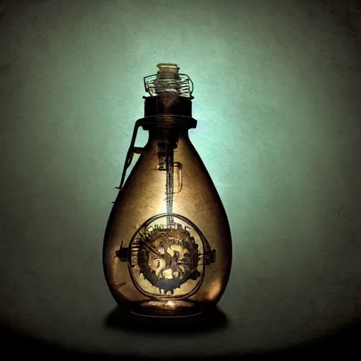 Prompt: a steampunk painting of a vintage science blue purply potion bottle, lit by a single ray of sunlight in a dark dusty vintage science lab, by h. r. giger, hyperrealistic fantasy art, concept matte, ethereal, dreamy, digital art, trending on artstation, volumetric cinematic lighting