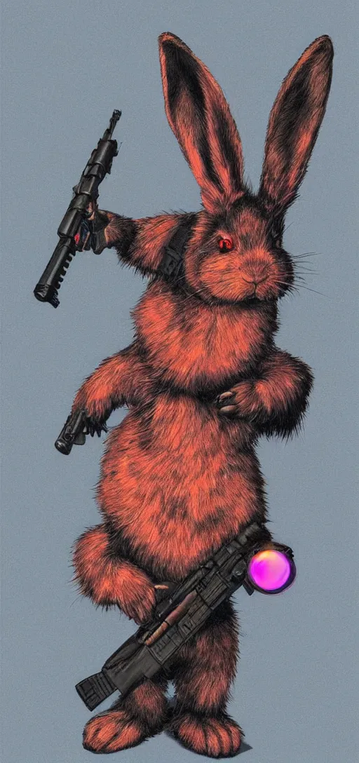 Image similar to portrait of neon fur rabbit with red eyes and a machine gun , 8k, highly detailed, sharp, realistic, in style of Brom